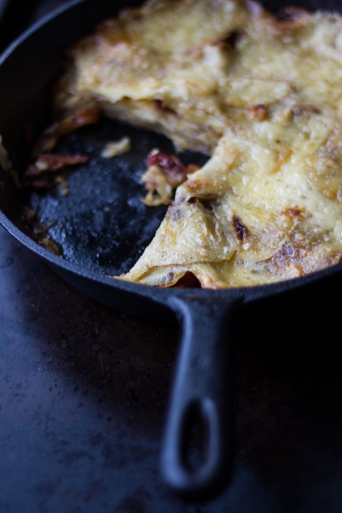 A rich gratin of celeriac, yellow potatoes, bacon, onions, and Fleur en Lait cheese.