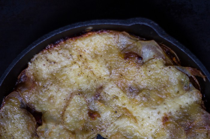 A rich gratin of celeriac, yellow potatoes, bacon, onions, and Fleur en Lait cheese.