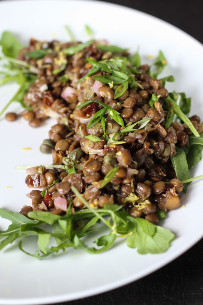 savoury, sweet, salty lentil salad with anchovies, capers, and dates