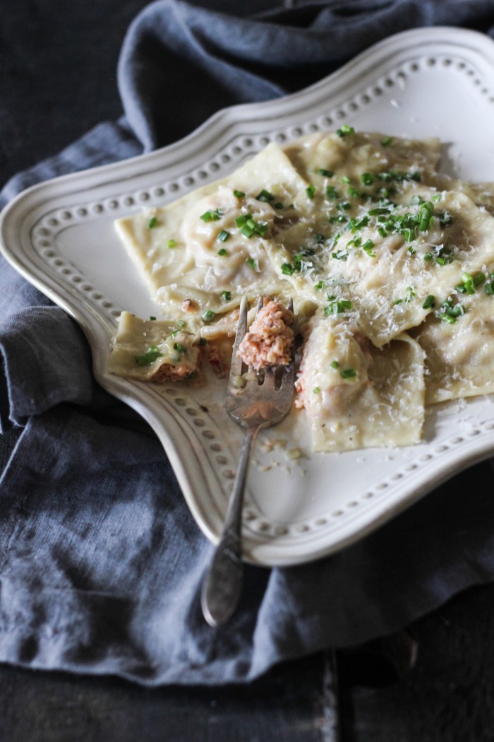 rich lobster mushroom ravioli smothered in a decadent truffle cream sauce