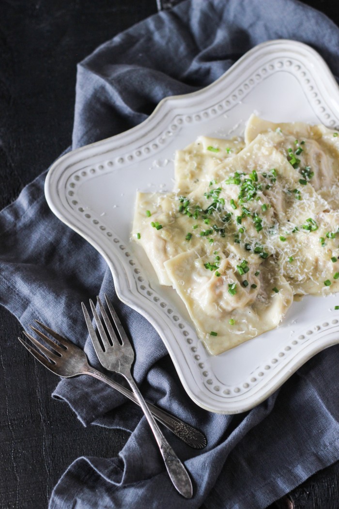 rich lobster mushroom ravioli smothered in a decadent truffle cream sauce