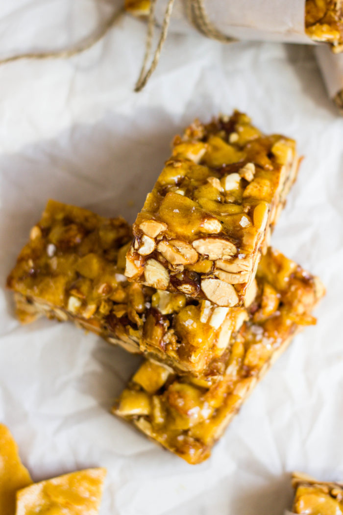 chewy sweet and salty nut bars with a crunchy peanut brittle top